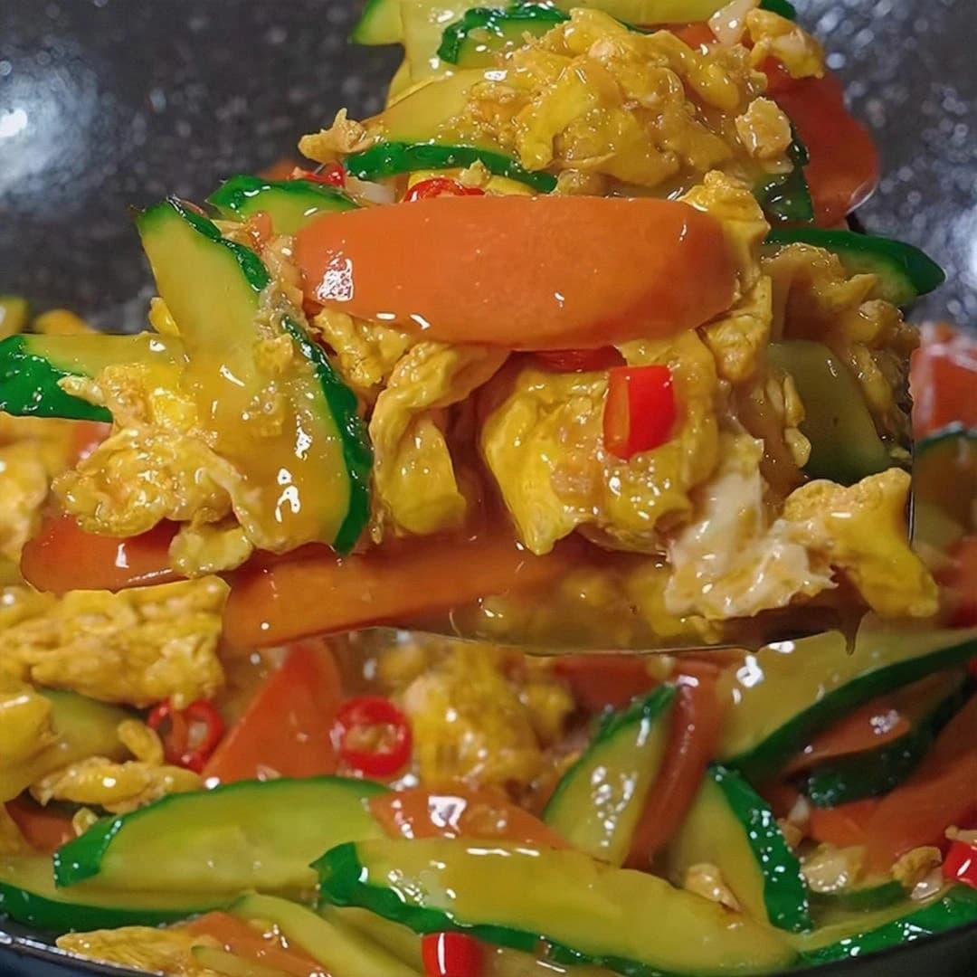 Cucumber and Egg Stir-Fry with Ham — finished dish, ready to serve.